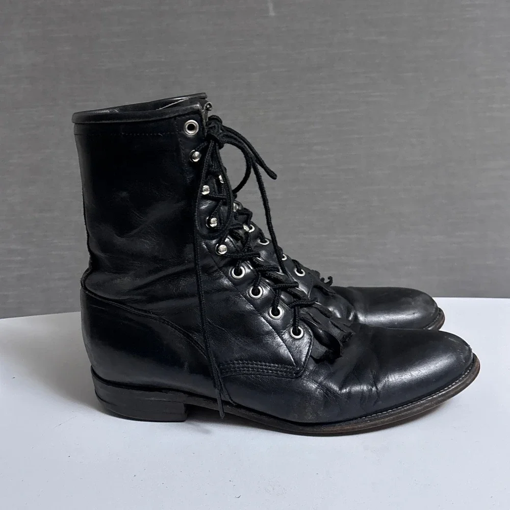 Vintage Justin Lace Up Boots 8.5 D Black Leather Kiltie Work Packer Conductor